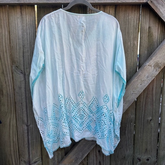 Chicos Aqua Dyed Lace-Detail Embroidered Hem Poncho Style Slouchy Tunic - Picture 11 of 11